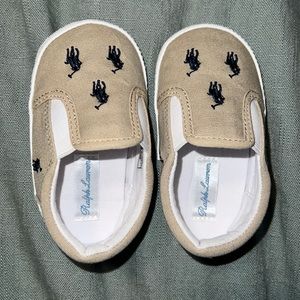 Ralph Lauren Beige Canvas Slip-On Baby Shoes with Navy Polo Logos